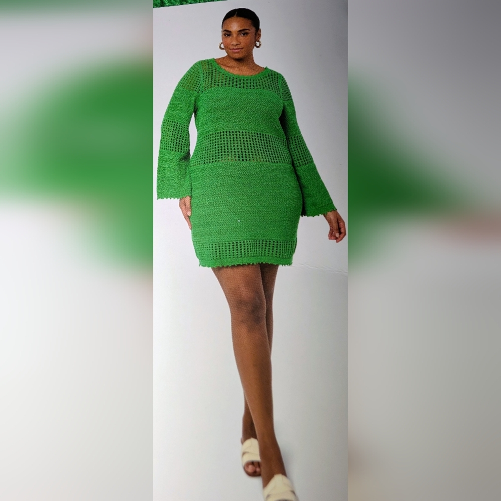 NWT Edited by Remi Bader Green Crochet Mini Dress Bell Sleeve 3X $89